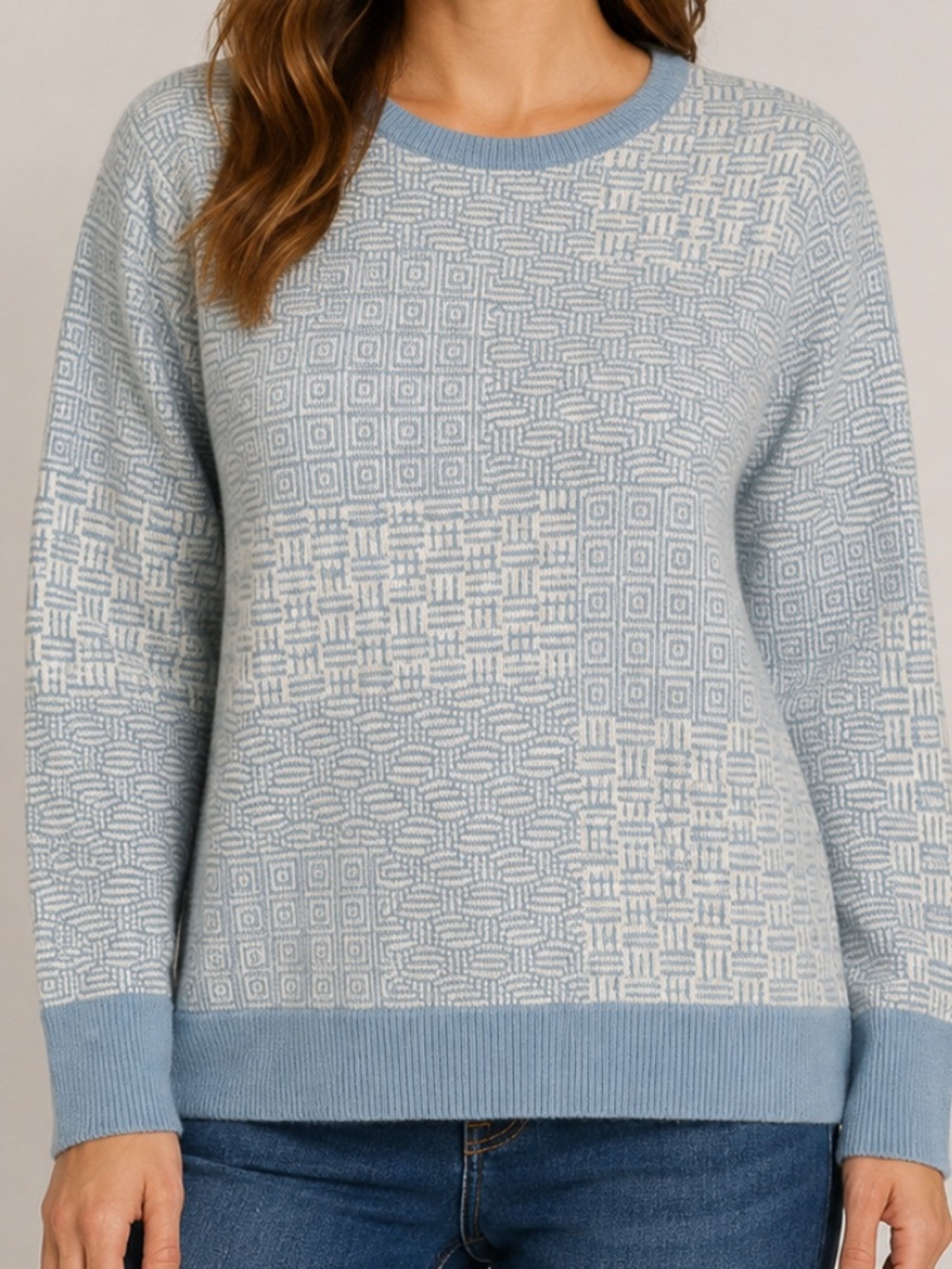 Sol Alpaca Women's 100% Baby Alpaca Knit Geometric Crewneck Pullover L